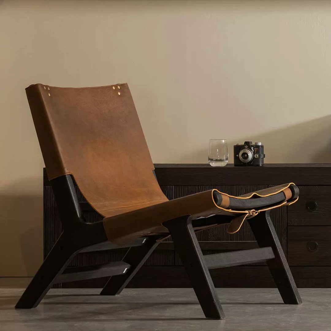 Sessel Leder und Holz in Braun und Schwarz neuen Retrostil günstig online kaufen