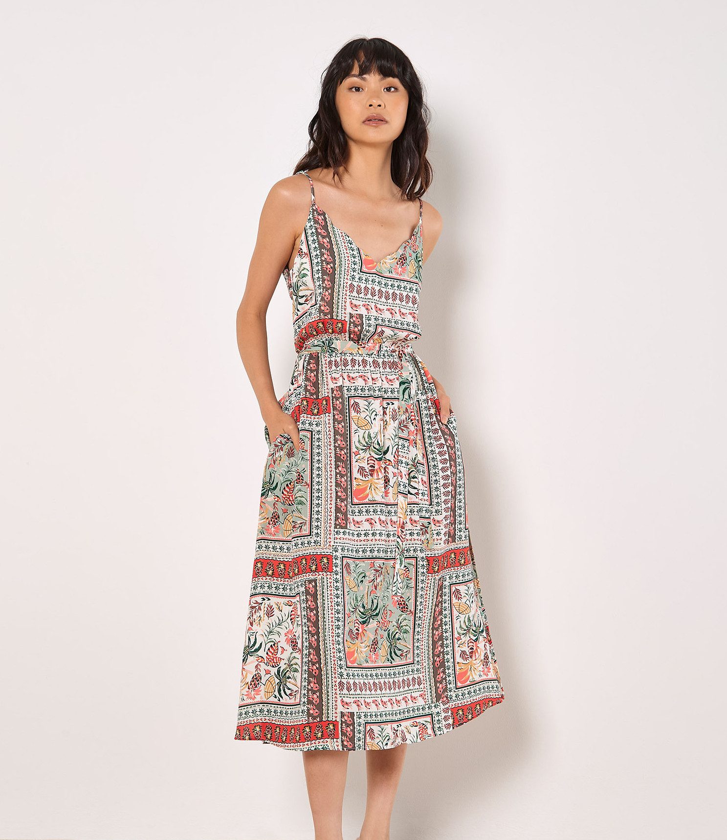 Apricot Midikleid Tropisches Cami-Kleid, mit Schaldruck günstig online kaufen