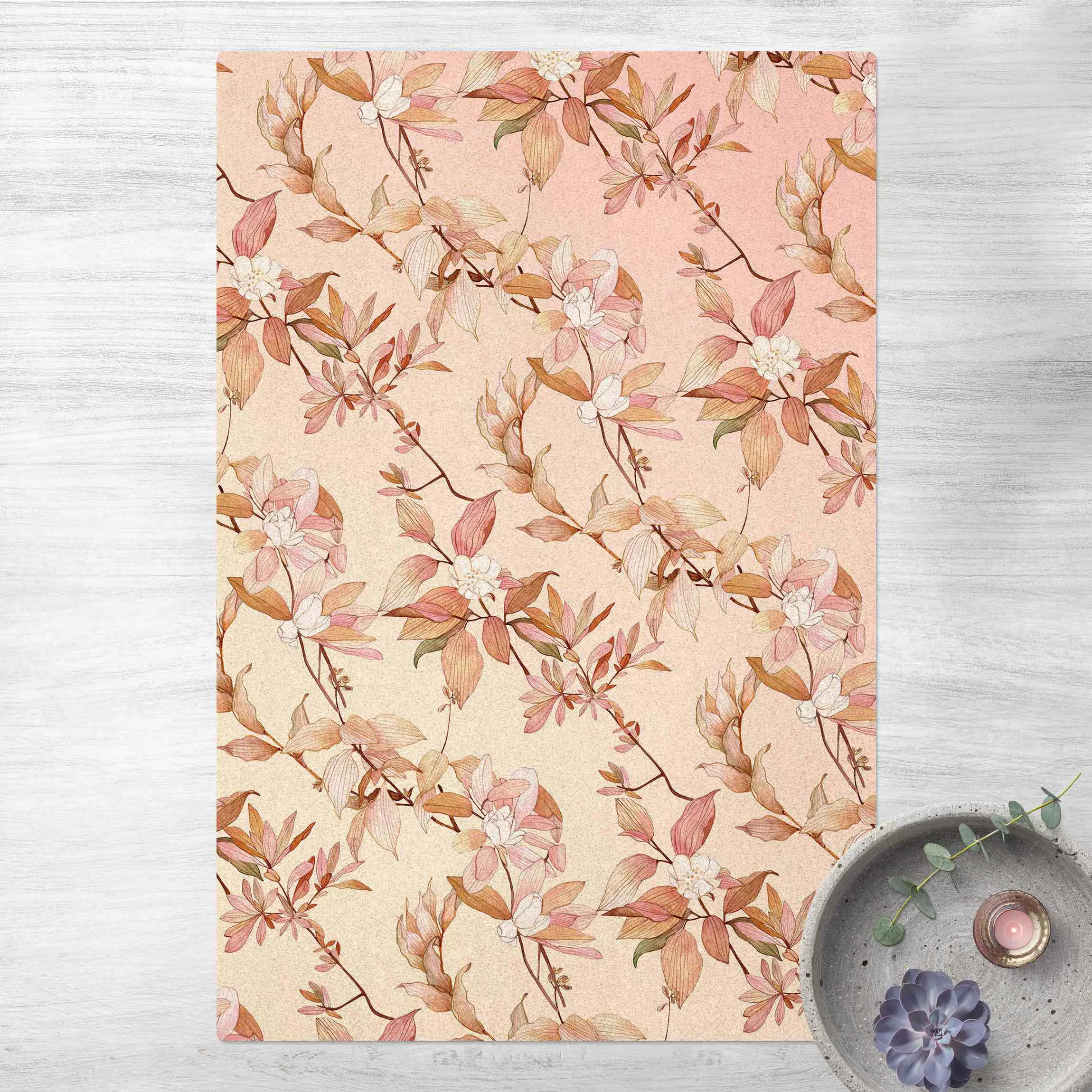 Kork-Teppich Romantisches Blütenaquarell Natur Rosa günstig online kaufen