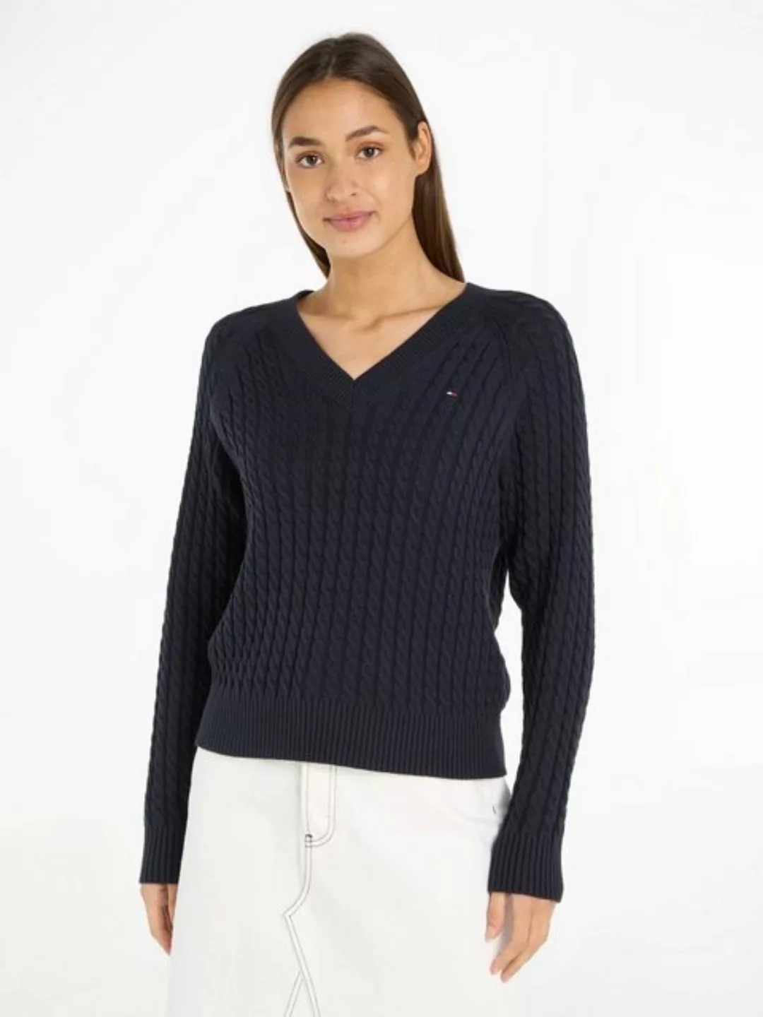 Tommy Hilfiger V-Ausschnitt-Pullover mit Allover Zopfmuster Strick-Design günstig online kaufen