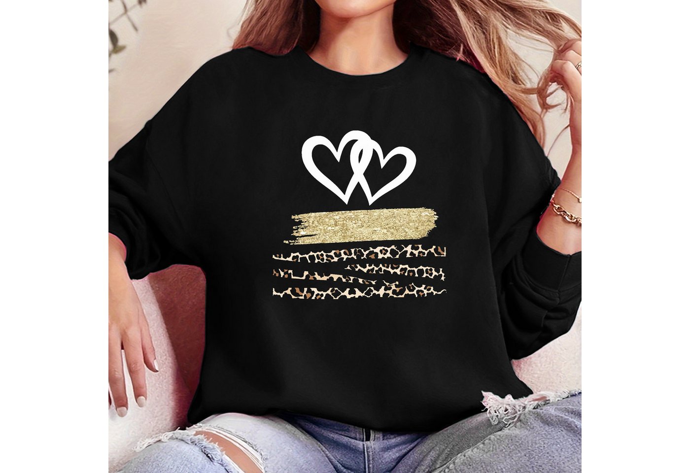 PYL Sweatshirt Damen Casual Sweatshirts mit Herz Druck,Langarm Pullover Top günstig online kaufen