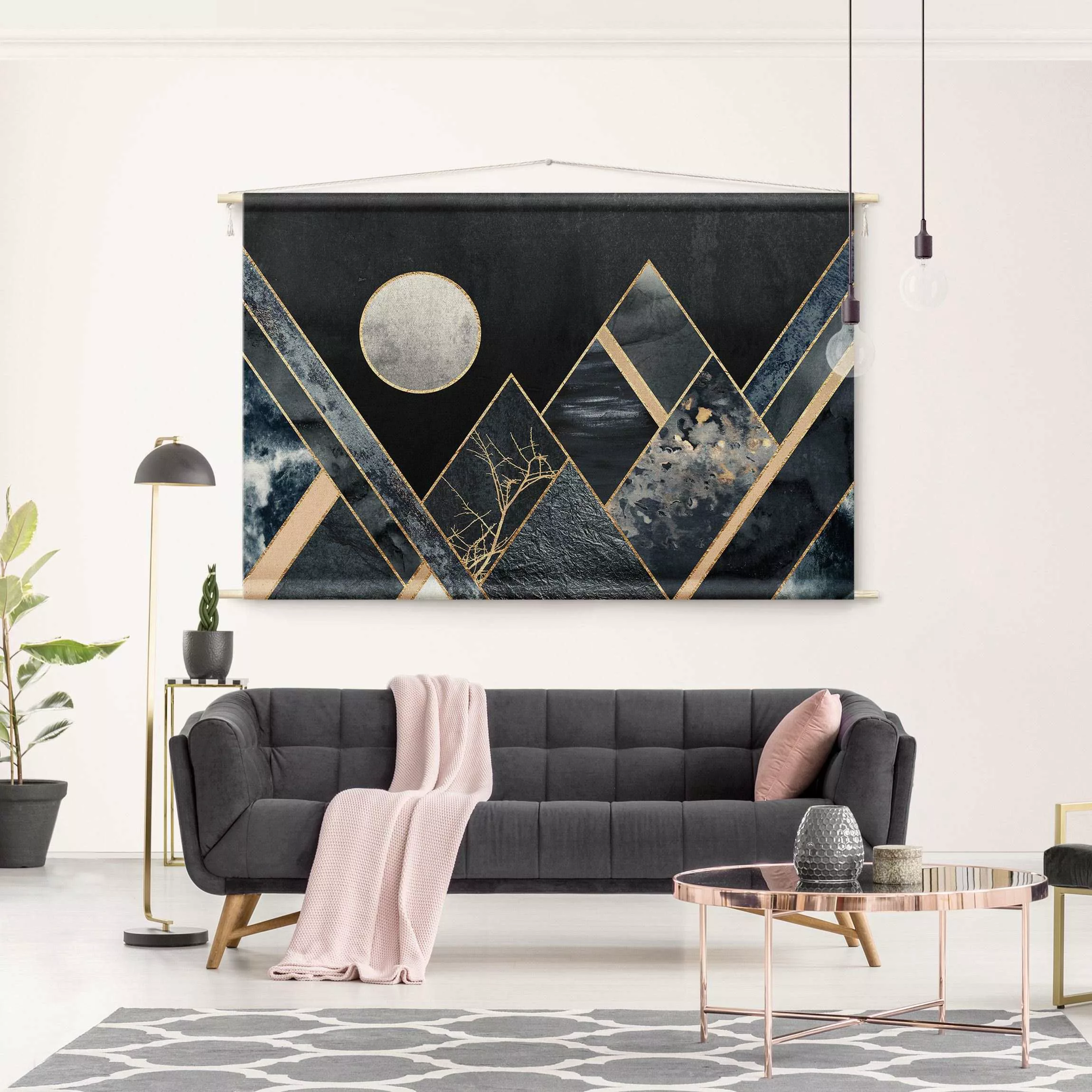 Wandteppich Goldener Mond abstrakte schwarze Berge günstig online kaufen