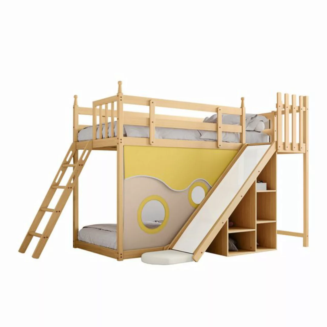 MODFU Bett Einzelbett Kinderbett Holzbett mit Treppe und Zäune (mit Bettvor günstig online kaufen