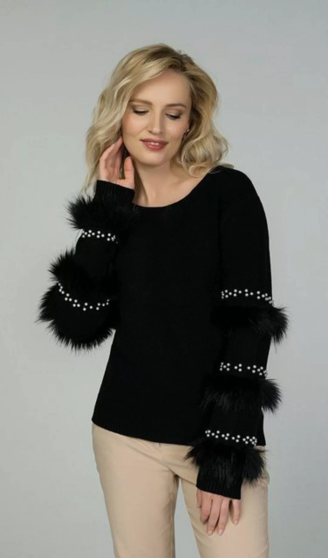 Passioni Strickpullover Modischer Pullover mit Fell- und Perlendetails an d günstig online kaufen