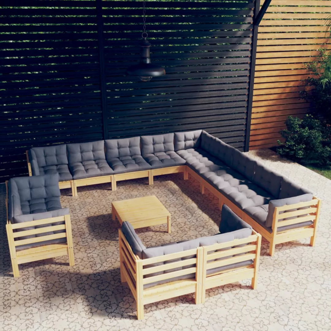 14-tlg. Garten-lounge-set Mit Grauen Kissen Massivholz Kiefer günstig online kaufen