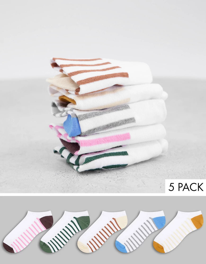 ASOS DESIGN – Sneaker-Socken in Weiß mit gestreiften Sohlen im 5er-Pack günstig online kaufen