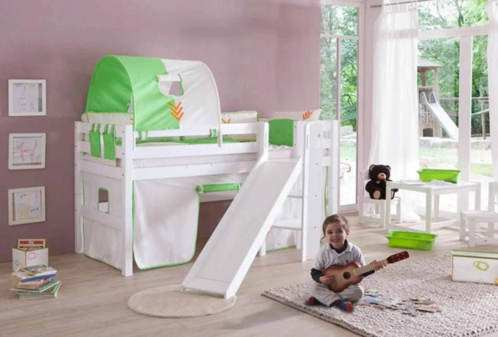 Natur24 Einzelbett Halbhohes Spielbett Elyas Buche Weiß 90x200 cm mit Rutsc günstig online kaufen