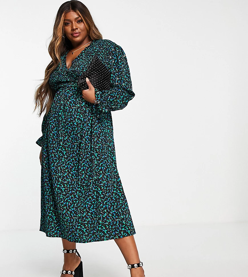 Little Mistress Plus by Vogue Williams – Langärmliges Kleid mit grünem Dits günstig online kaufen