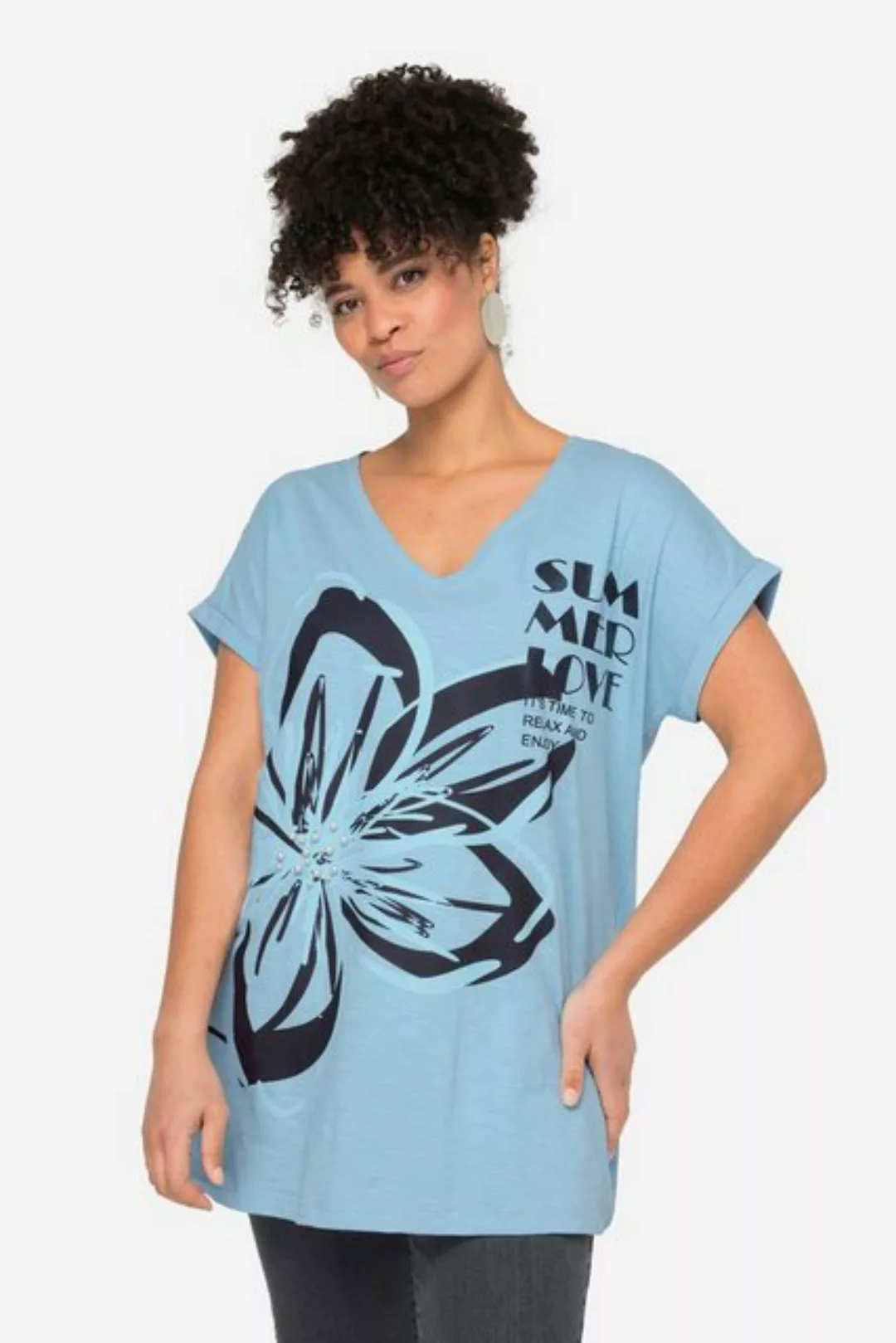 MIAMODA Rundhalsshirt T-Shirt oversized XL Blüte V-Ausschnitt Halbarm. günstig online kaufen