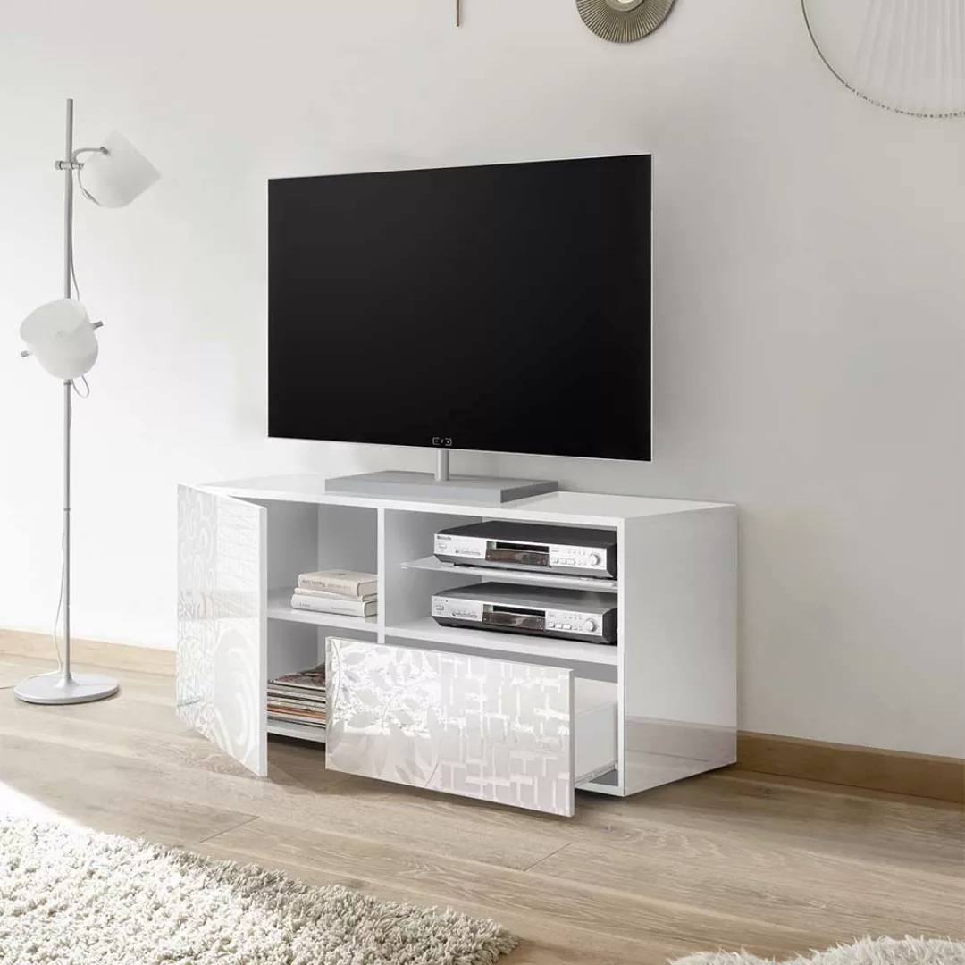 TV Board in Weiß Hochglanz Siebdruck verziert günstig online kaufen