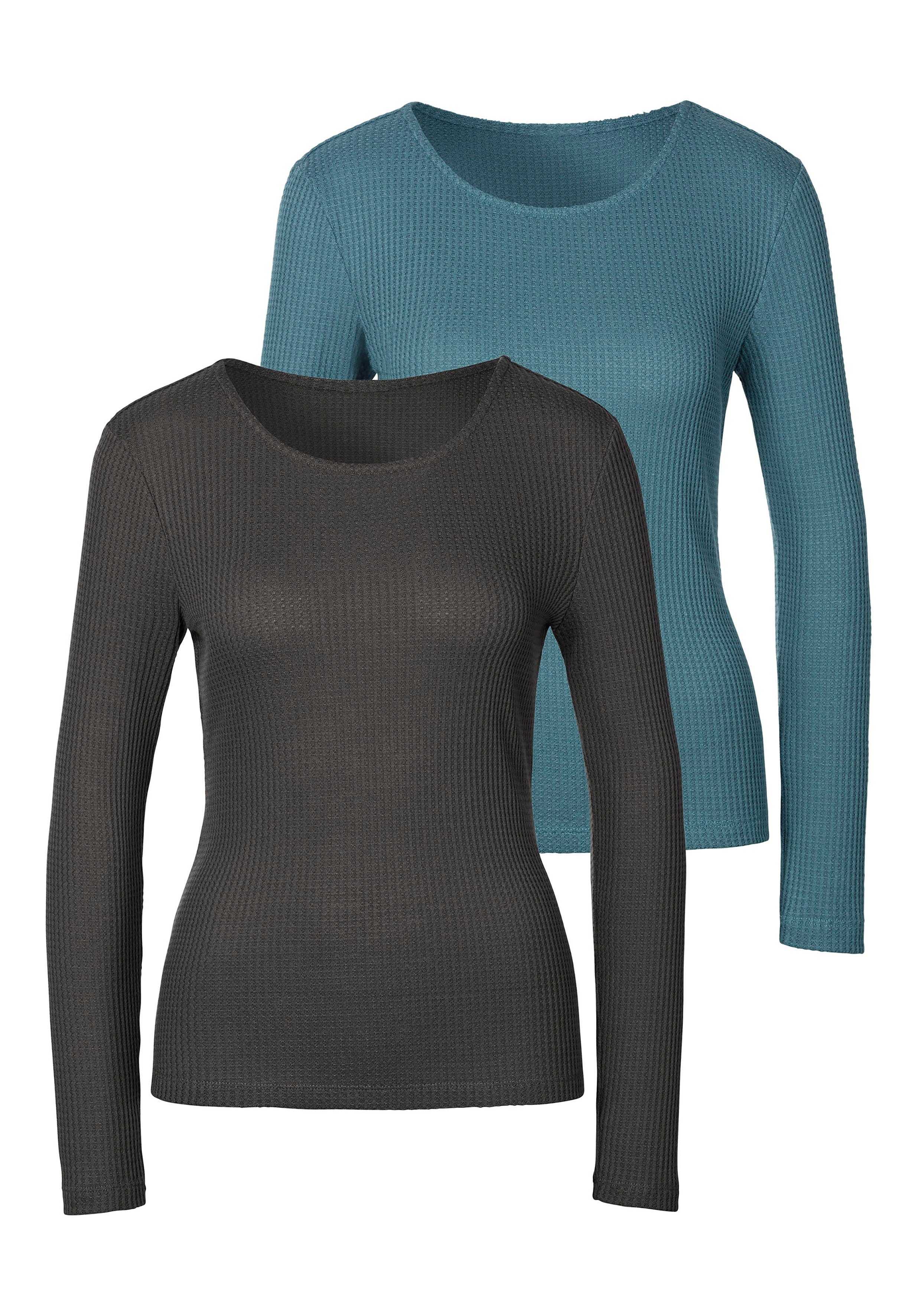 LASCANA Langarmshirt "in modischer Piqué-Optik", (2er-Pack), aus weicher Qu günstig online kaufen