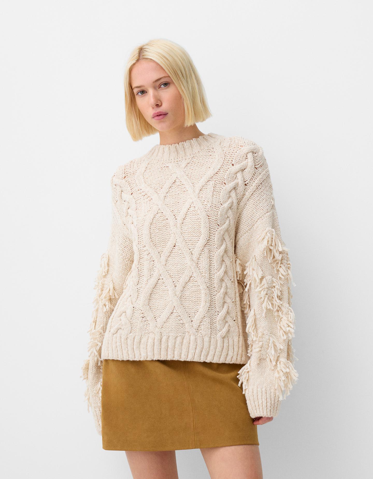 Bershka Pullover Mit Rundausschnitt Und Flechtmuster Damen M-L Sandfarbe günstig online kaufen