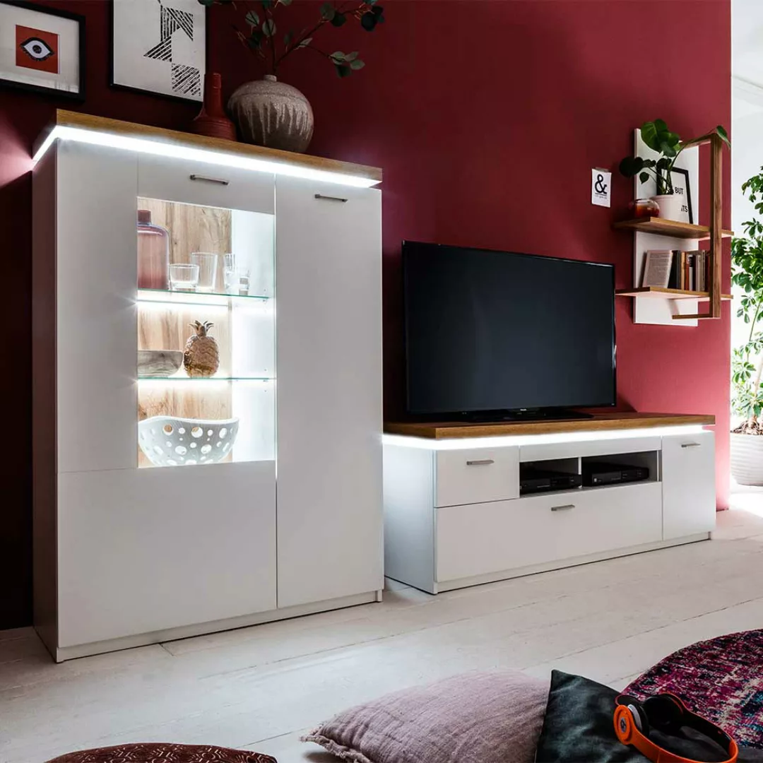 Design Wohnwand in Weiß und Wildeiche Optik LED Beleuchtung (dreiteilig) günstig online kaufen