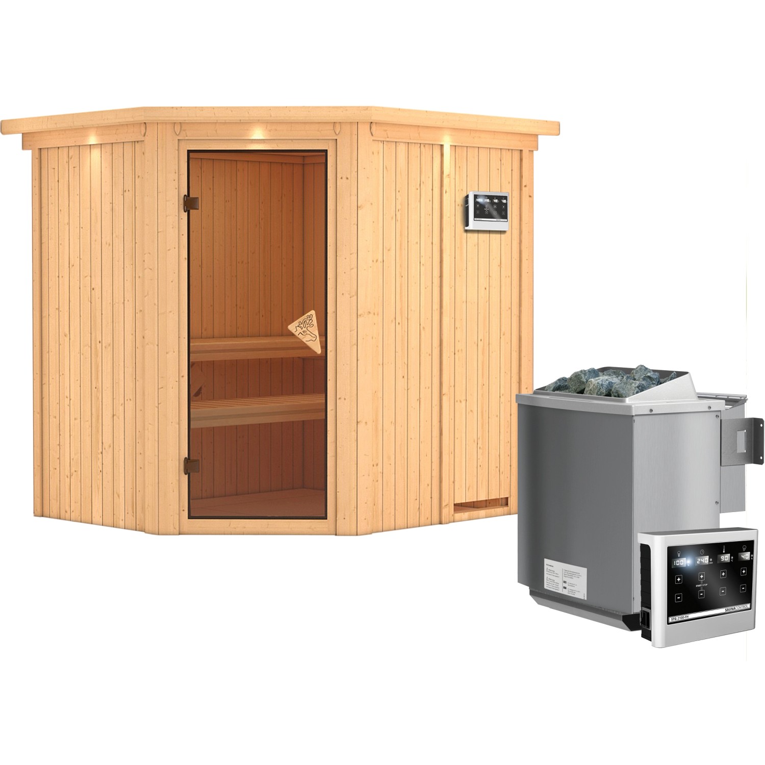 Karibu Sauna-Set Swenna inkl. Bio-Ofen 9 kW mit ext. Steuerung, Dachkranz günstig online kaufen