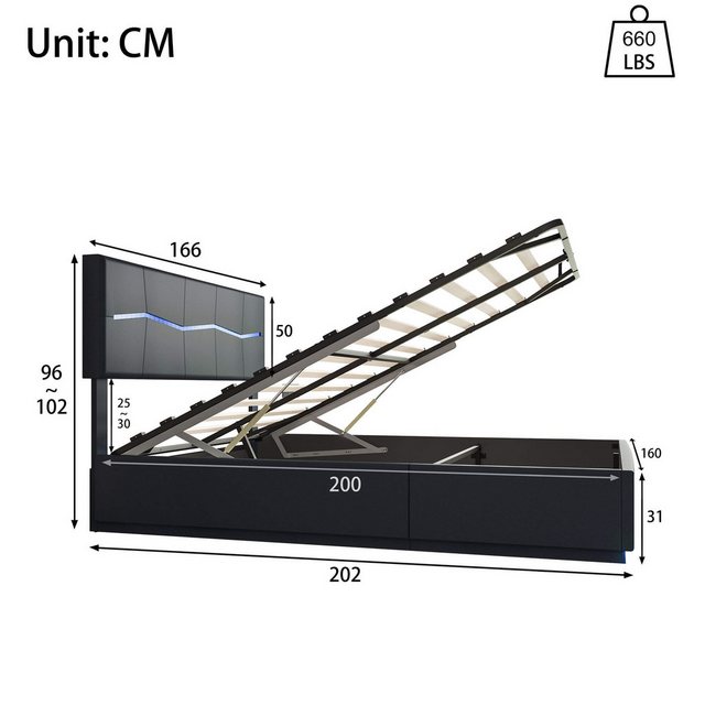 Furnishings Home Polsterbett PU hydraulisches Doppelbett mit Stauraum + LED günstig online kaufen