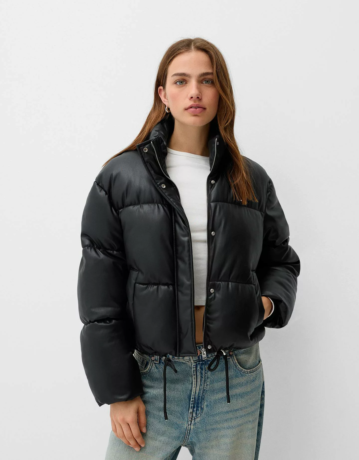 Bershka Pufferjacke Aus Kunstleder Damen Xs Schwarz günstig online kaufen