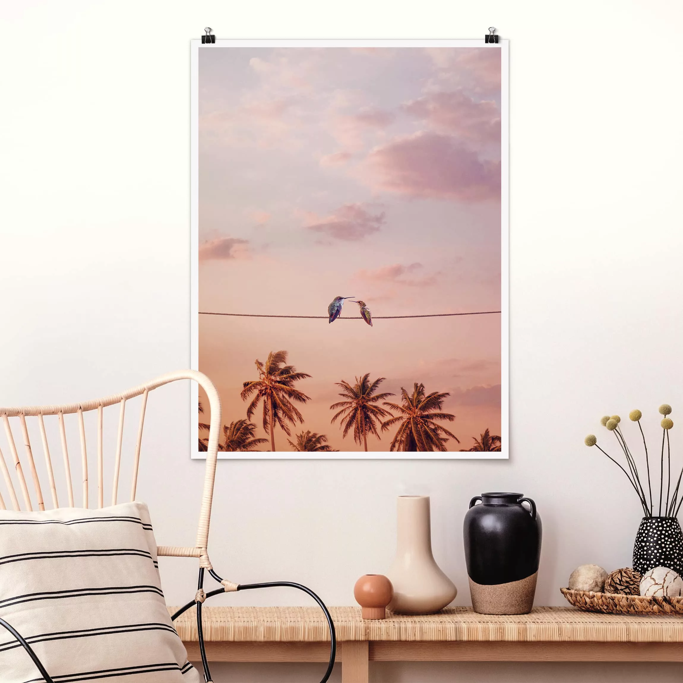 Poster Tiere - Hochformat Sonnenuntergang mit Kolibris günstig online kaufen