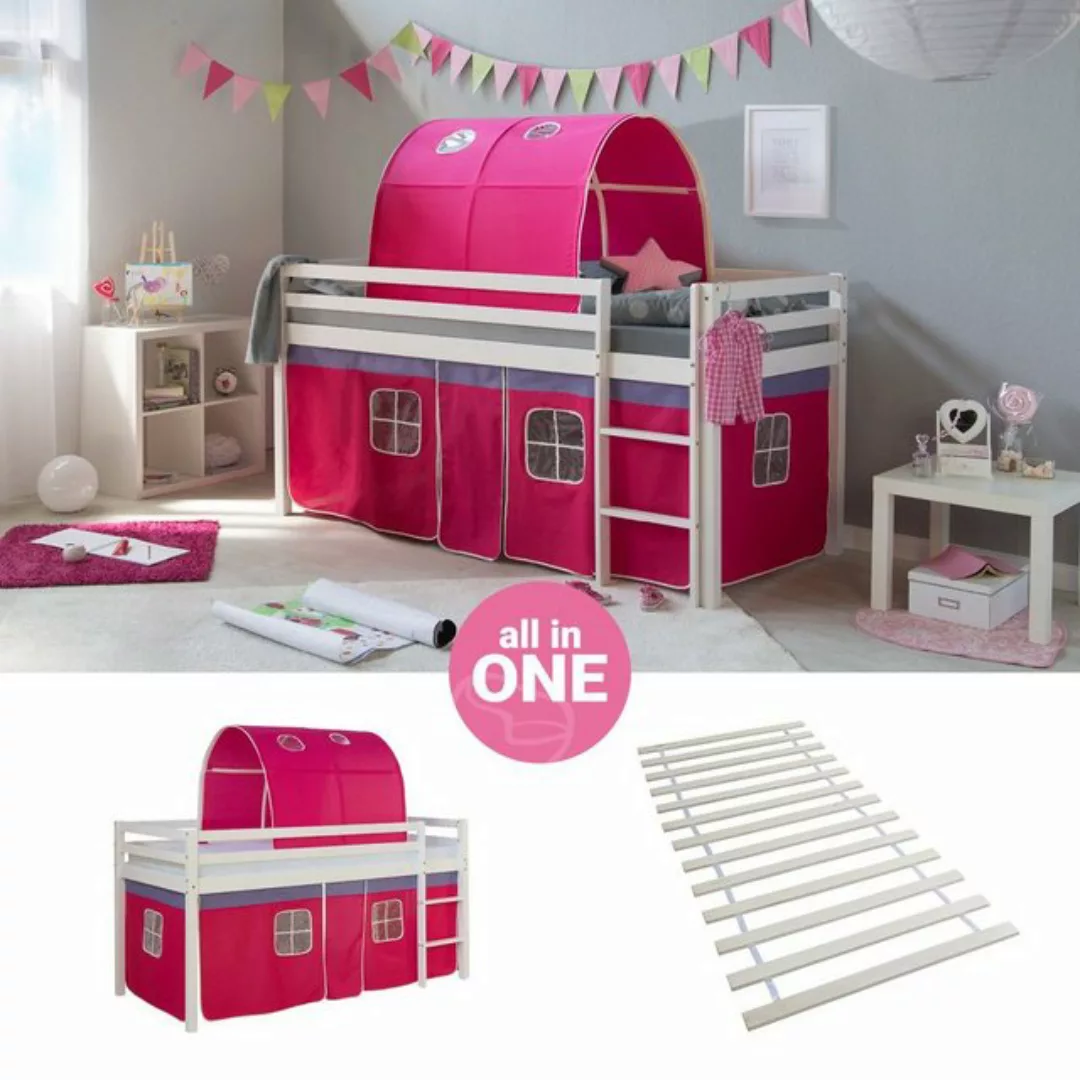 Homestyle4u Hochbett 90x200 cm Kinderbett Weiß Kiefer Spielbett mit Vorhang günstig online kaufen