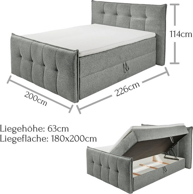 freiraum Boxspringbett THOMPSON, Bettkästen, 9-Zonen, Topper, grau, 180x200 günstig online kaufen