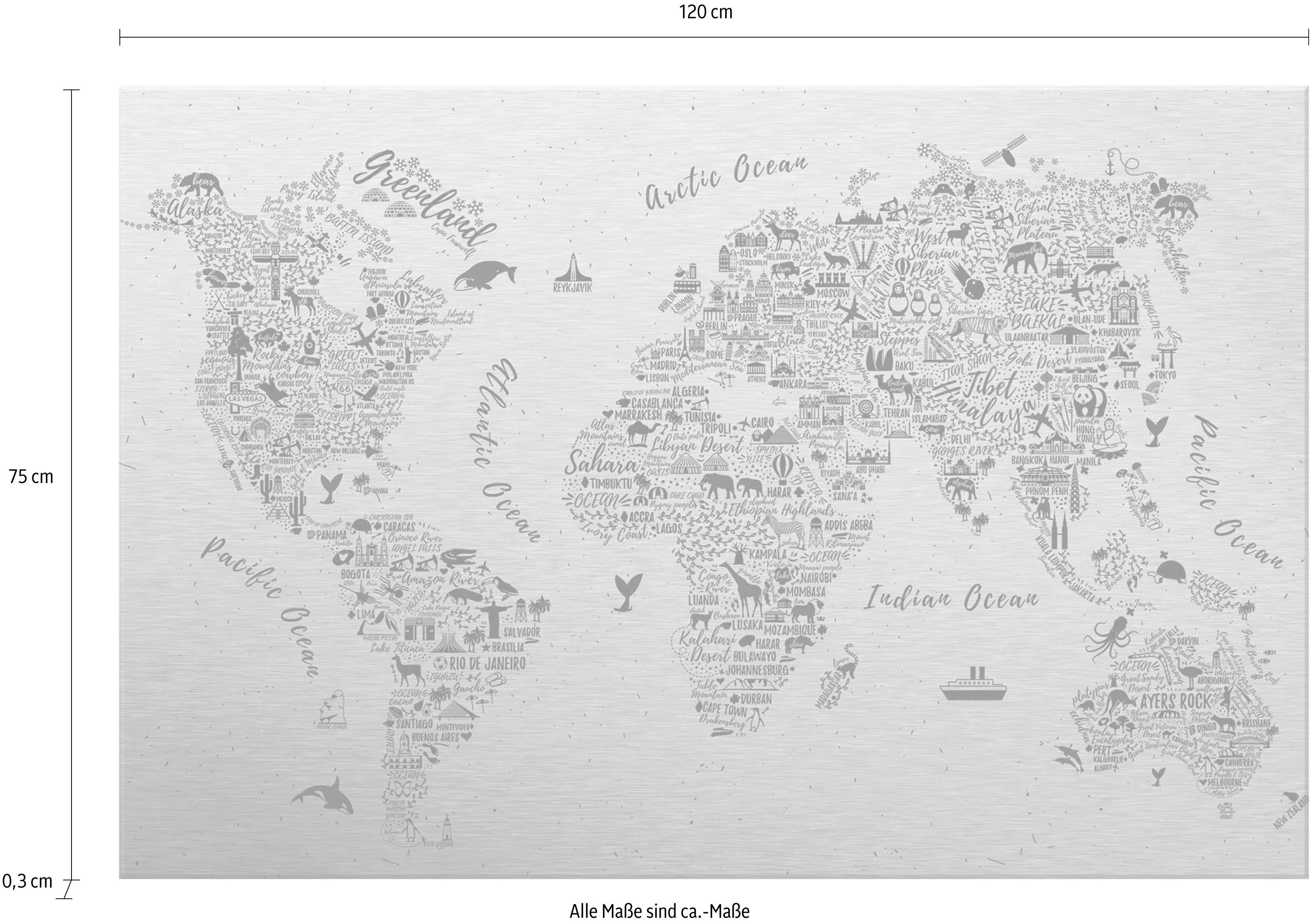 Wall-Art Metallbild "Weltkarte Around the world", Maße (B/T/H): (120/0,3/75 günstig online kaufen