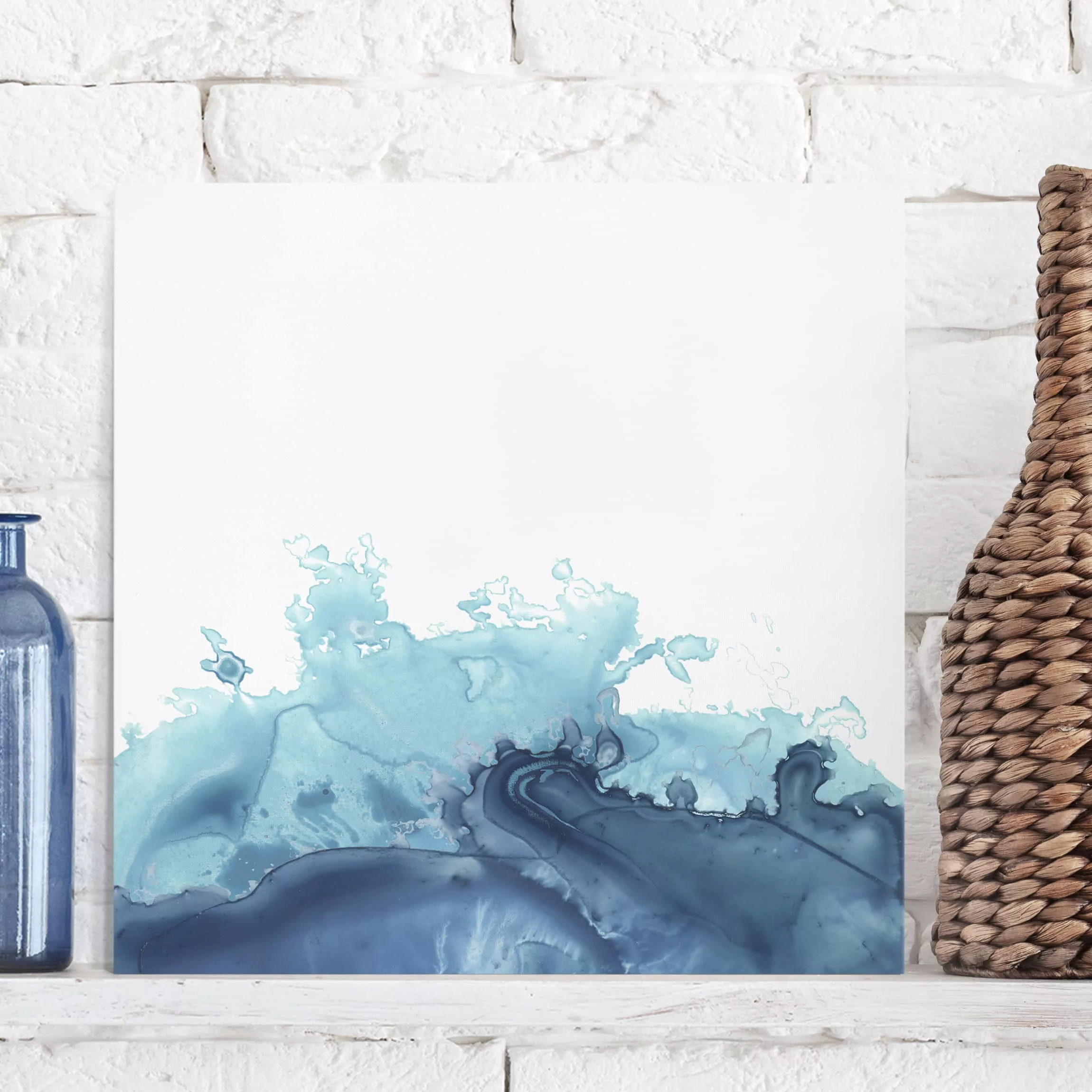 Leinwandbild Abstrakt - Quadrat Welle Aquarell Blau I günstig online kaufen