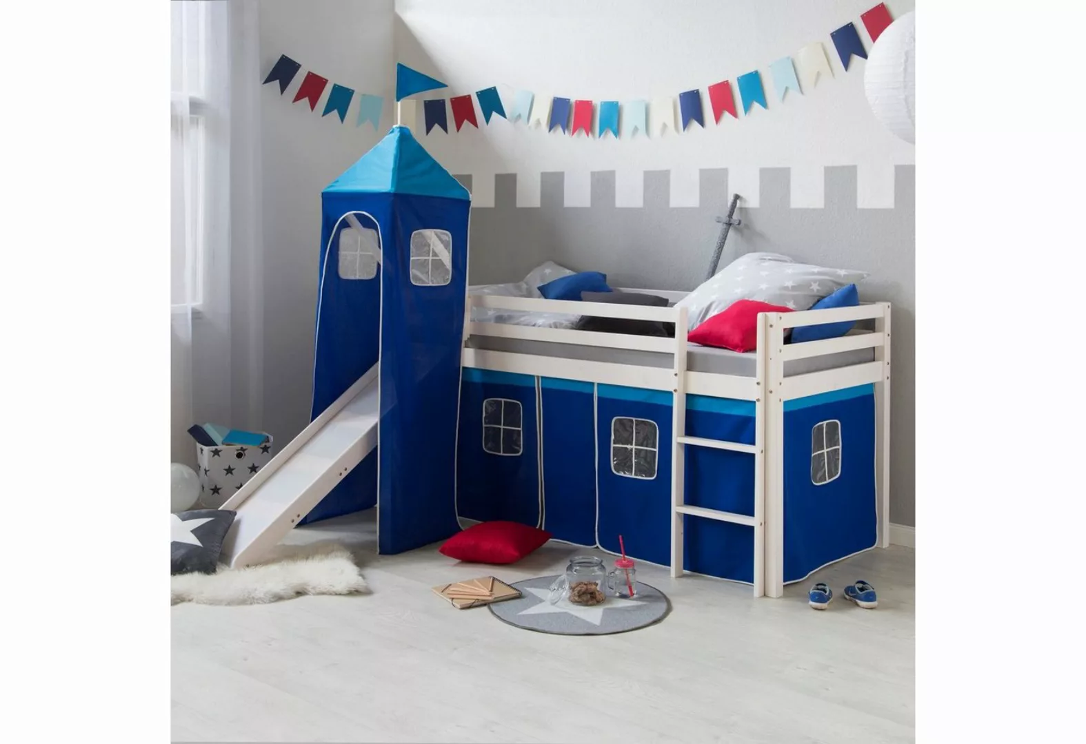 Homestyle4u Hochbett Kinderbett Matratze Rutsche Turm Blau Tunnel günstig online kaufen