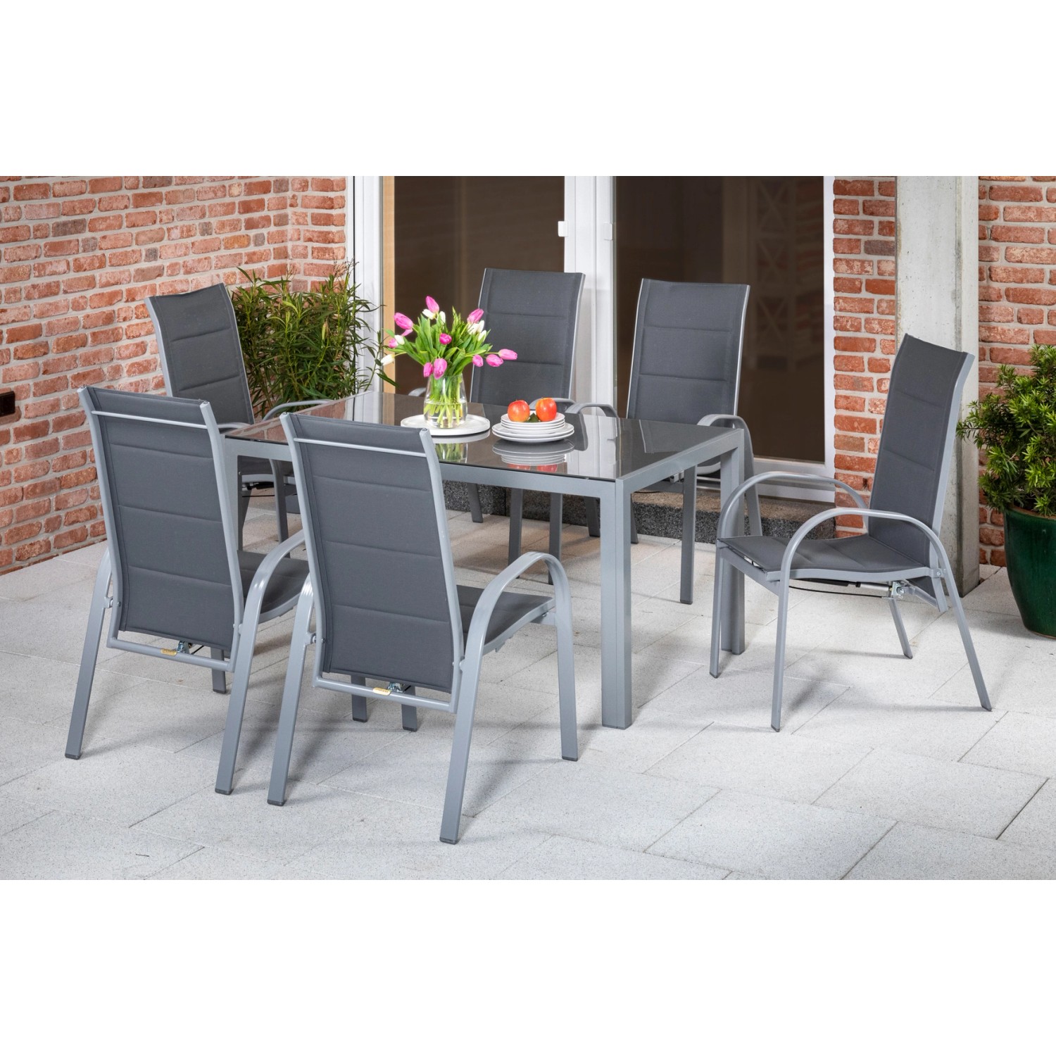 Merxx Amalfi Set 7 -tlg. 6 Stapelsessel Gartentisch 150 x 90 cm Silber-Grau günstig online kaufen
