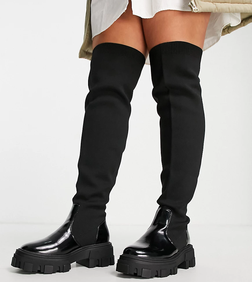 ASOS DESIGN Curve – Kimmy – Flache Overknee-Stiefel in Schwarz mit dicker S günstig online kaufen