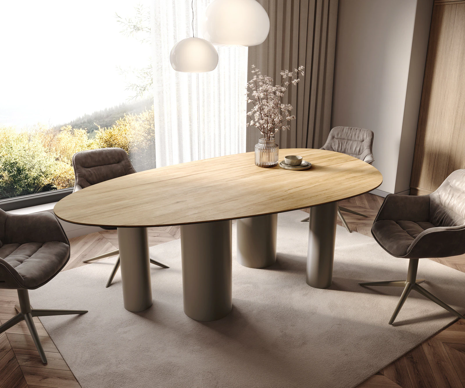 Esstisch Edge Oval 220x120 Keramik Laminam® Sabbia Eichefarbig Pilier Metal günstig online kaufen