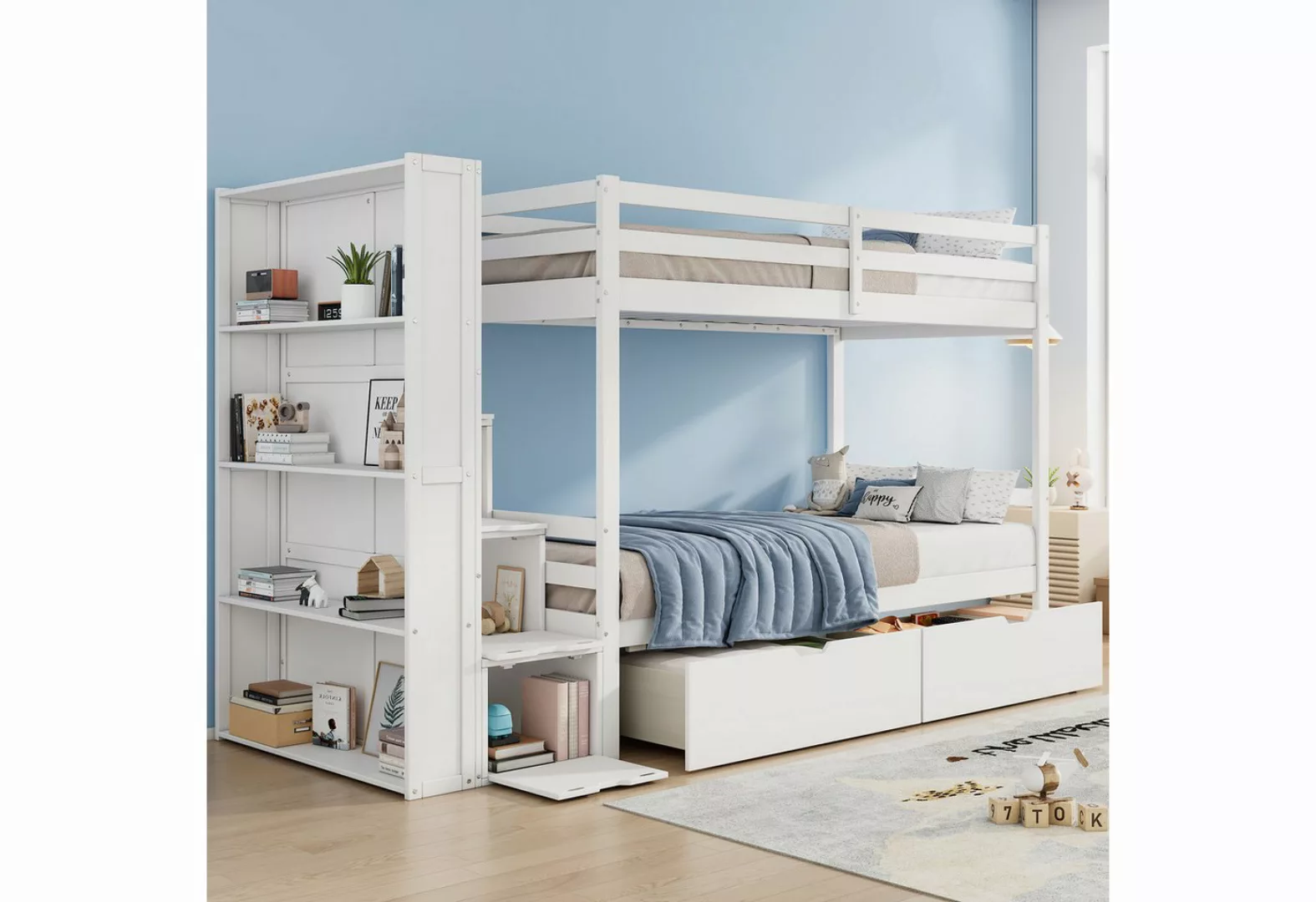 Flieks Etagenbett, Kinderbett 90x200cm mit Stauraumtreppe, Schrank und zwei günstig online kaufen