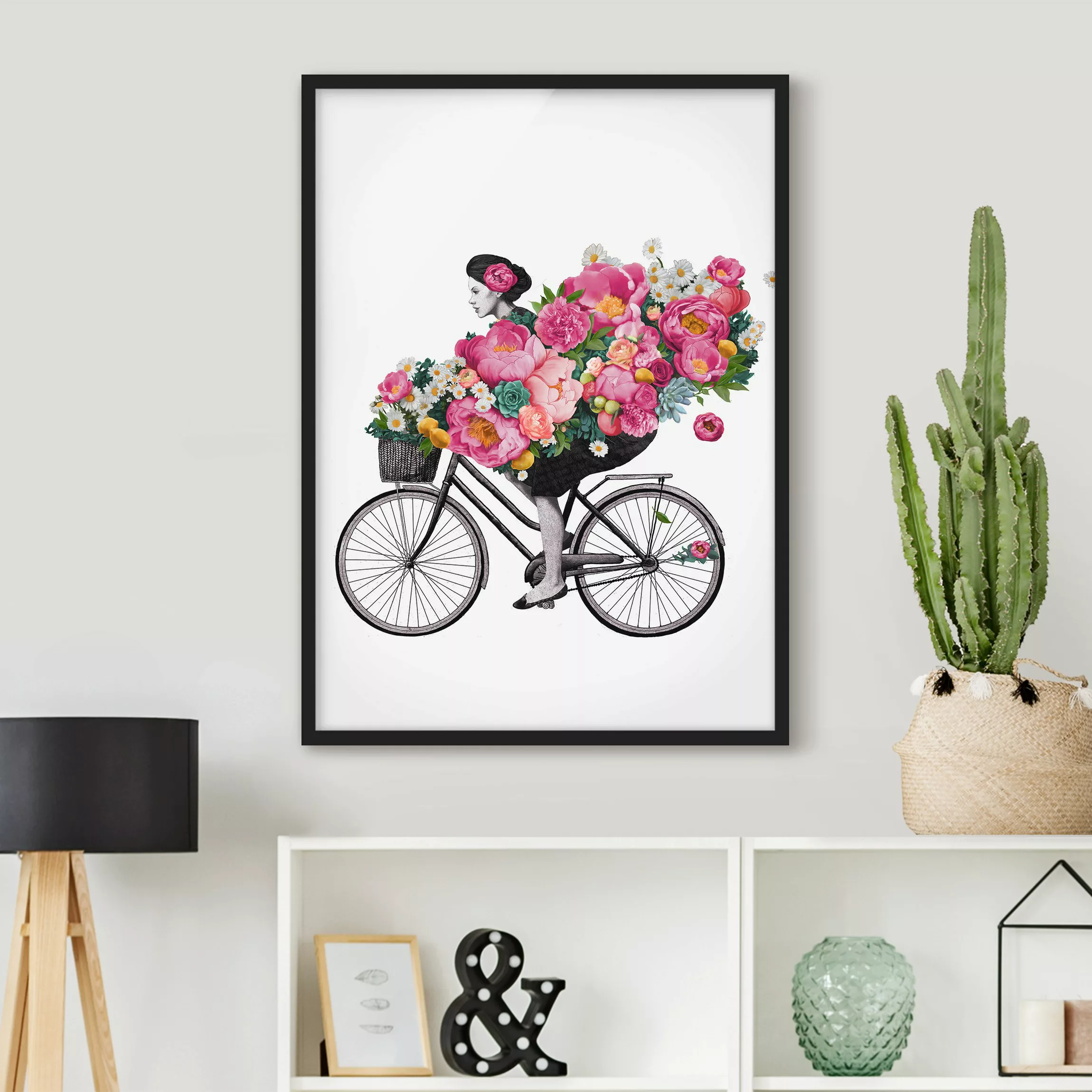 Bild mit Rahmen Blumen - Hochformat Illustration Frau auf Fahrrad Collage b günstig online kaufen