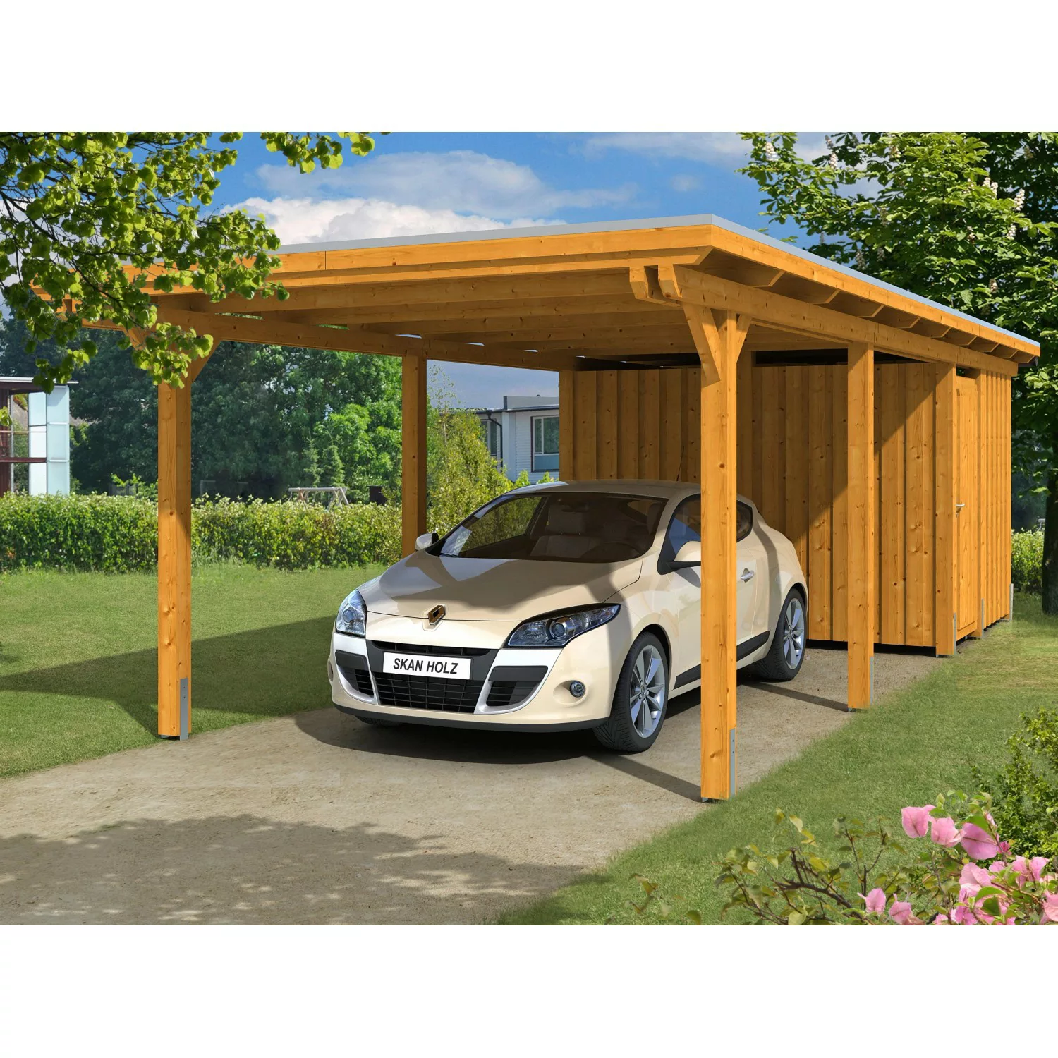 Skan Holz Einzelcarport Leimholz Eiche hell 354 cm x 846 cm mit Abstellraum günstig online kaufen