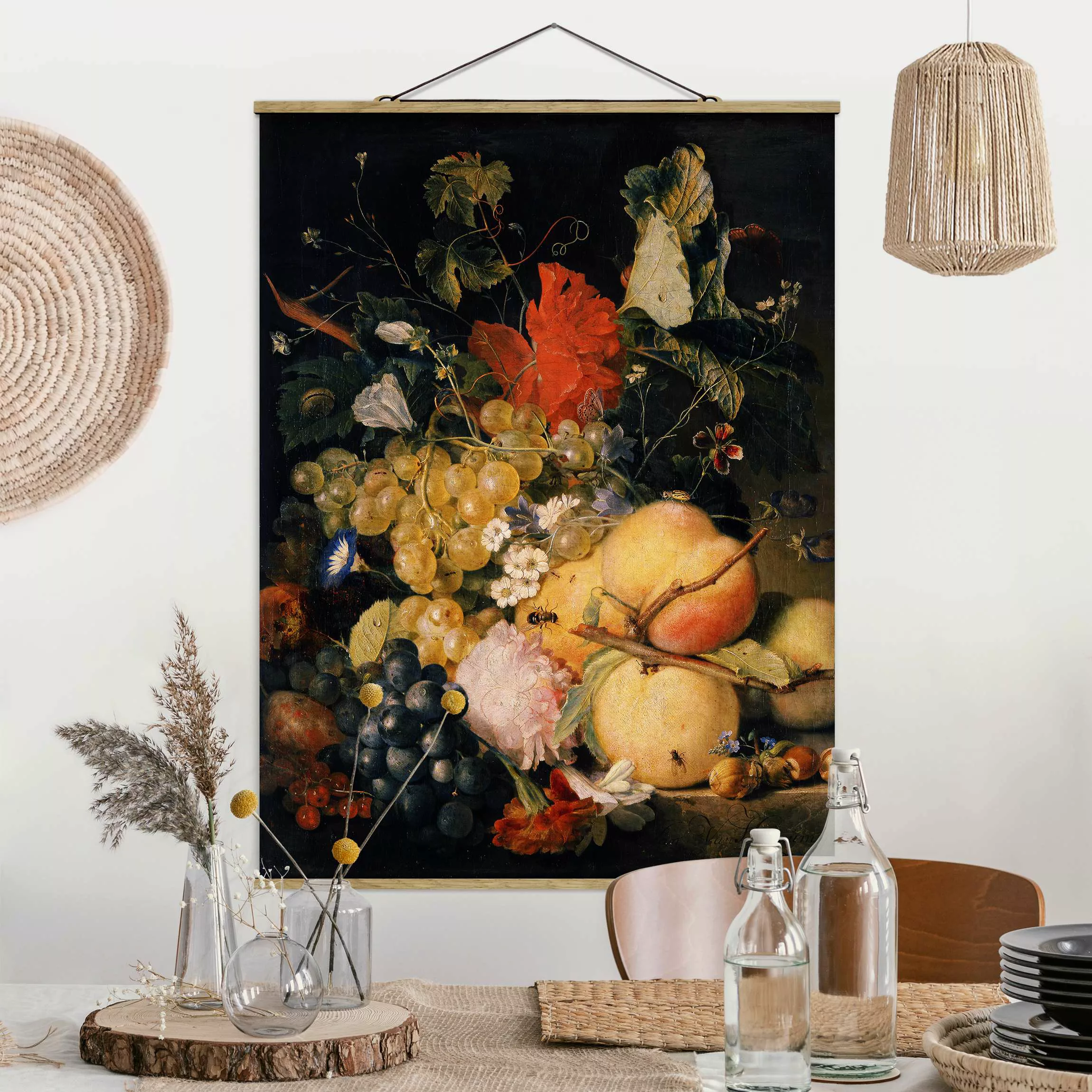 Stoffbild Blumen mit Posterleisten - Hochformat Jan van Huysum - Früchte Bl günstig online kaufen