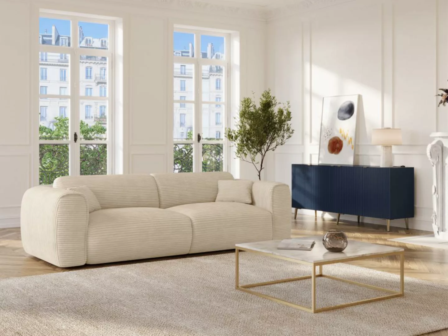 Sofa 4-Sitzer mit Matratze - Cord - Beige - POGNIA günstig online kaufen