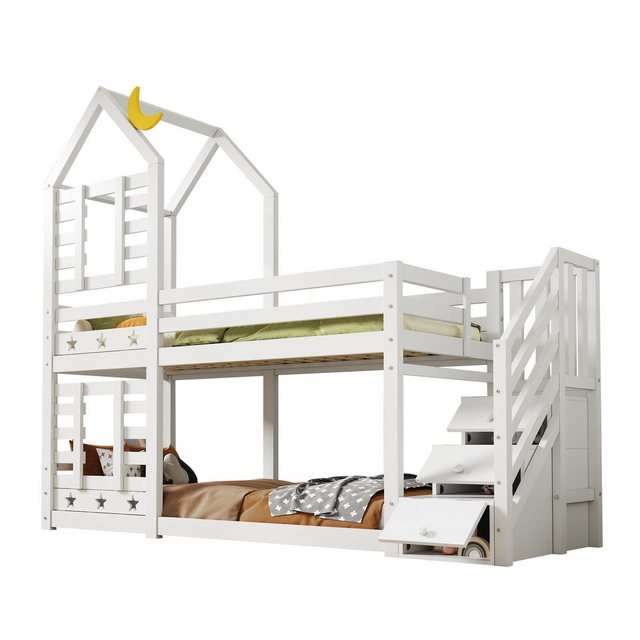 OKWISH Etagenbett Kinderbett (Hausbett mit Stauraum unter der Treppe 90x200 günstig online kaufen