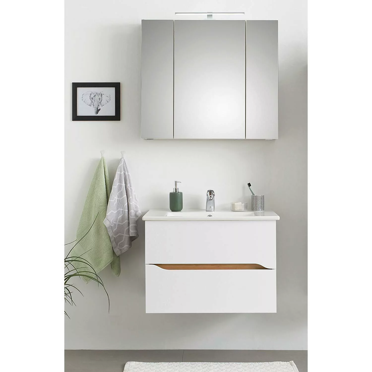 Badezimmer Waschplatz Set mit Keramik Waschbecken QUEIMADOS-66 in Weiß Glan günstig online kaufen