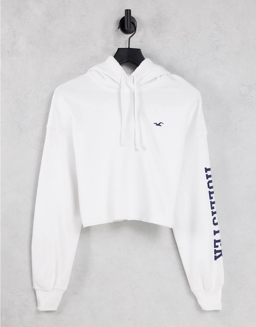 Hollister – Kapuzenpullover in Weiß mit Logo am Arm günstig online kaufen