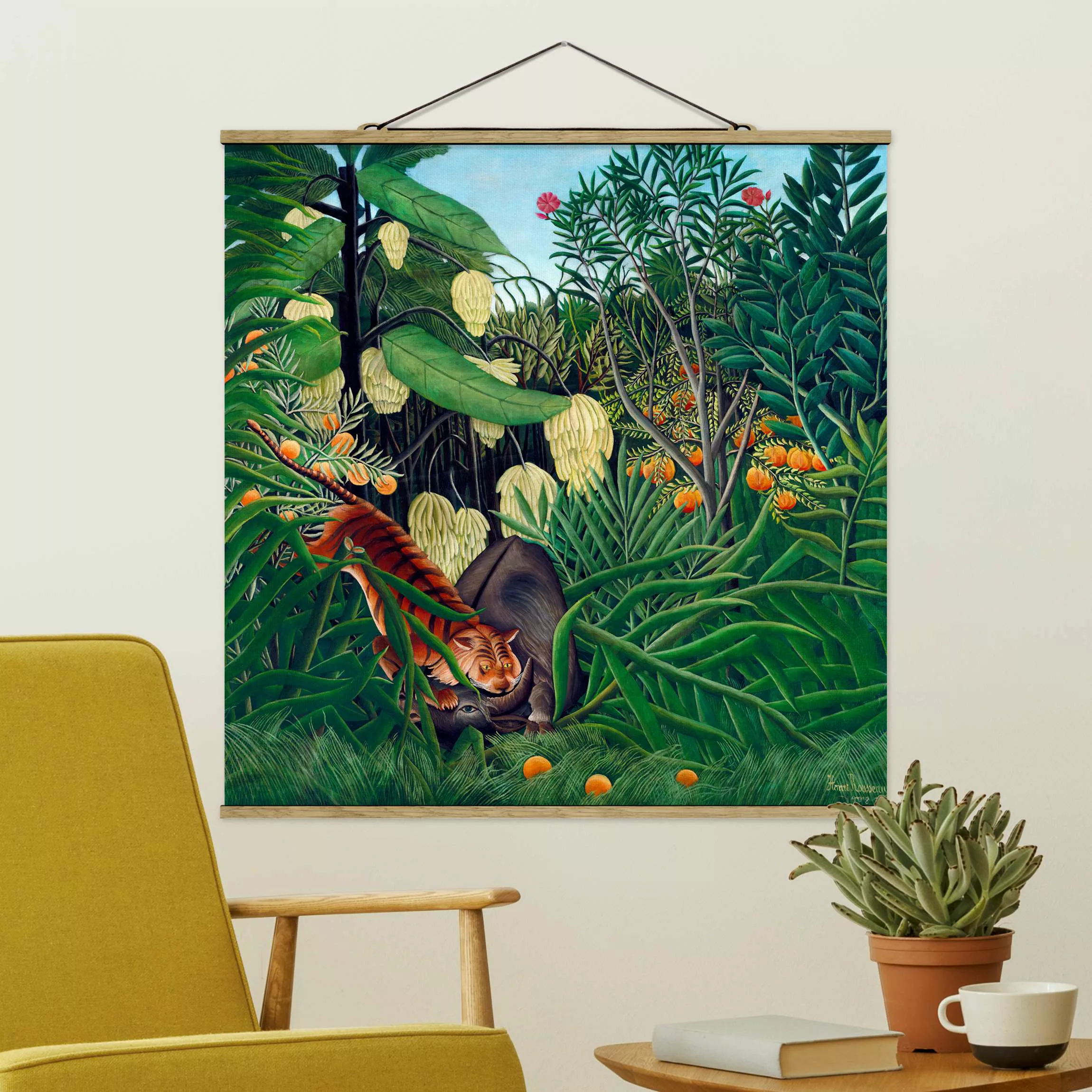 Stoffbild mit Posterleisten Henri Rousseau - Kampf zwischen Tiger und Büffe günstig online kaufen