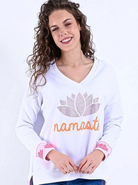 Miss Goodlife Sweatshirt V-Neck Sweater Namaste Strass Weiß günstig online kaufen