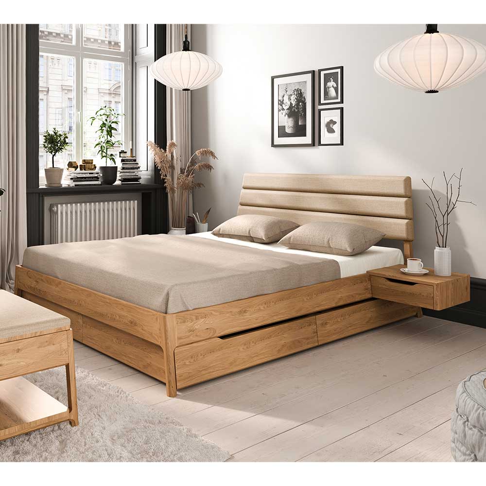 Bett aus Wildeiche Massivholz Webstoff (dreiteilig) günstig online kaufen