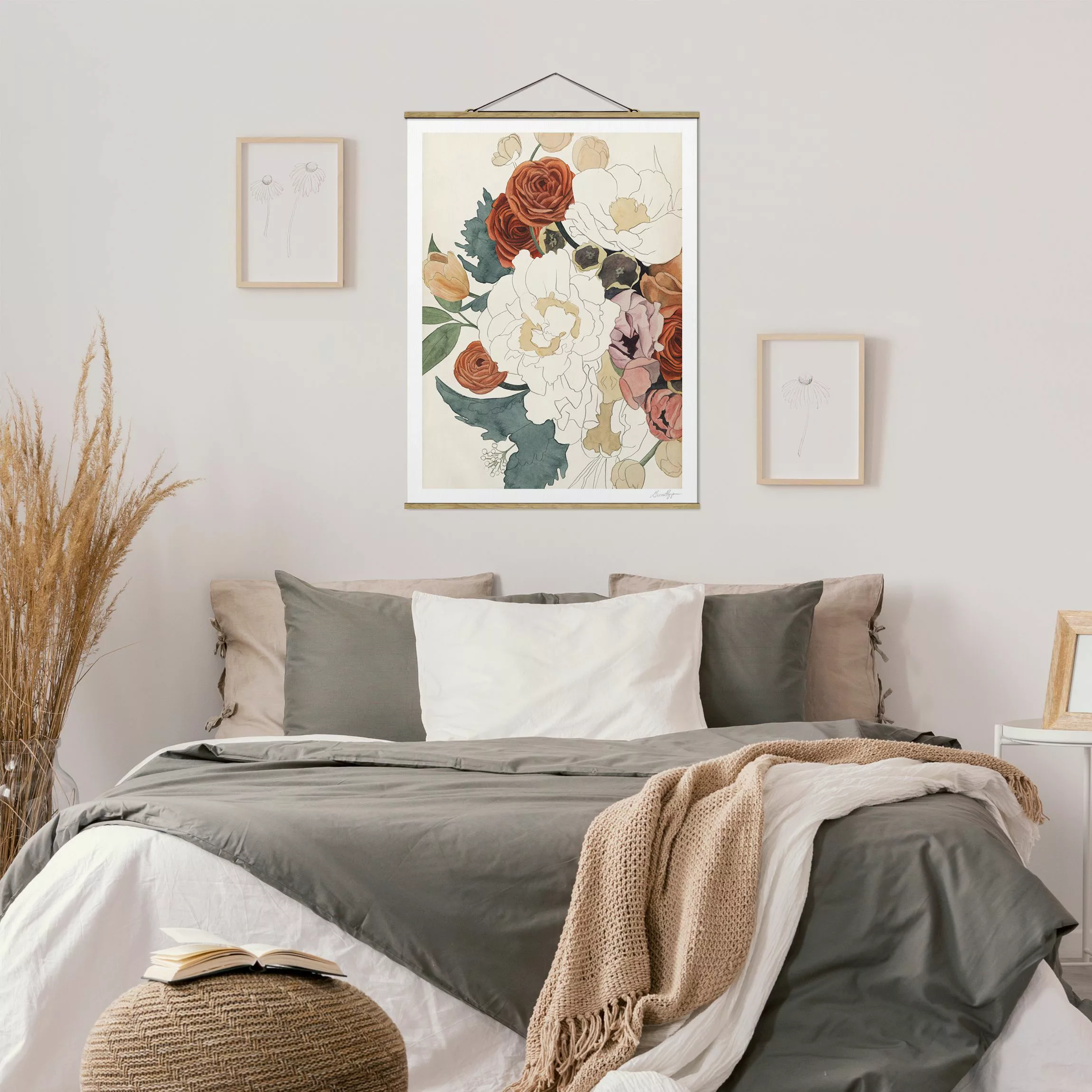 Stoffbild Blumen mit Posterleisten - Hochformat Zeichnung Blumenbouquet in günstig online kaufen