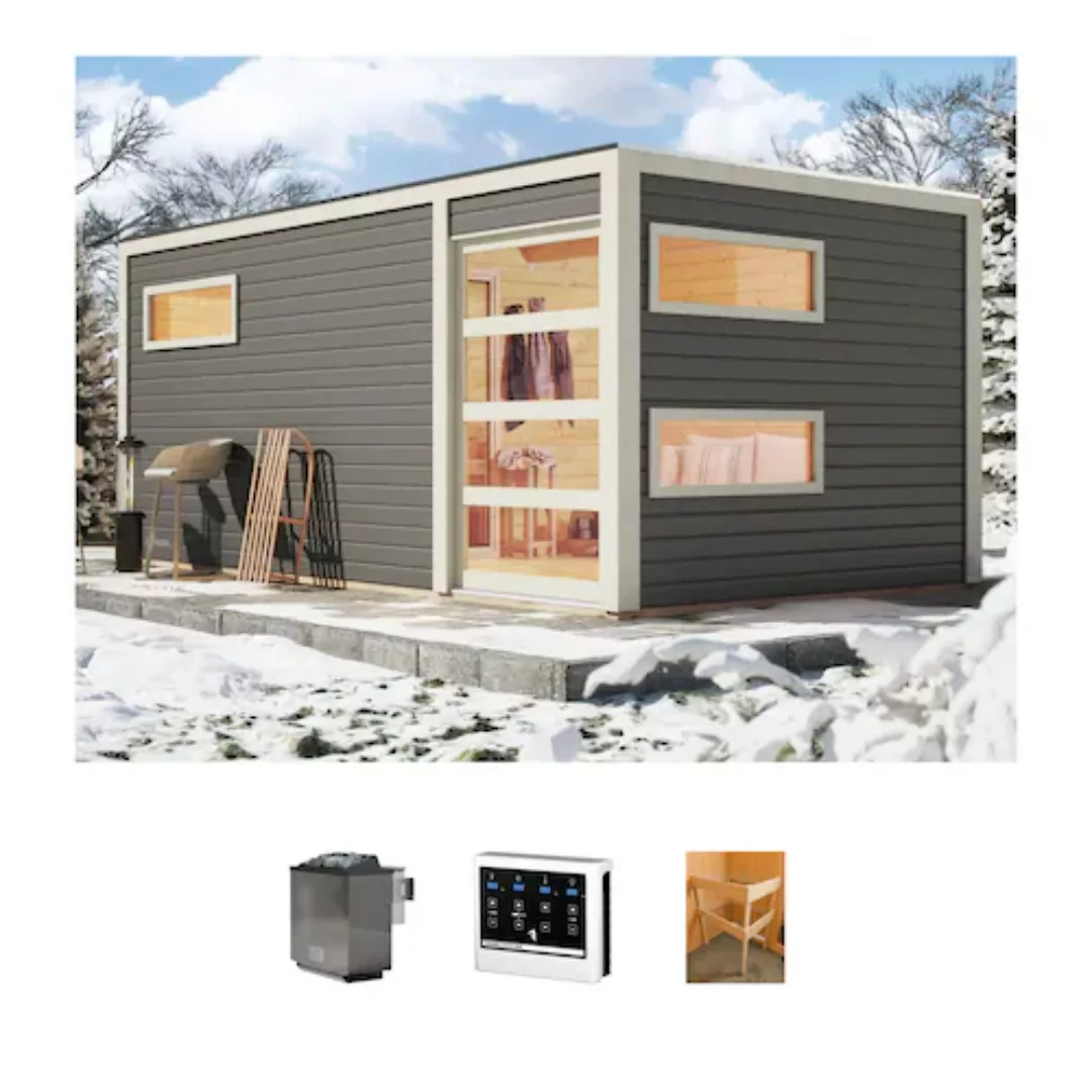 KONIFERA Saunahaus »Hagen«, (Set), terragrau, mit Ofen 9 kW Bio externe Str günstig online kaufen
