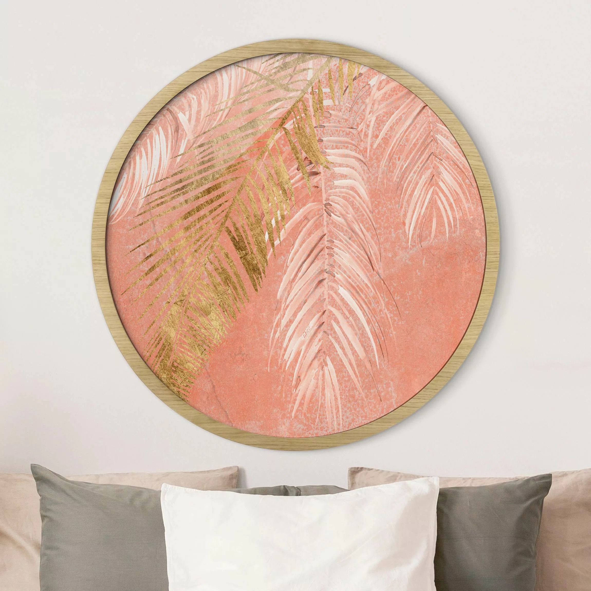 Rundes Gerahmtes Bild Palmenblätter Rosa und Gold I günstig online kaufen