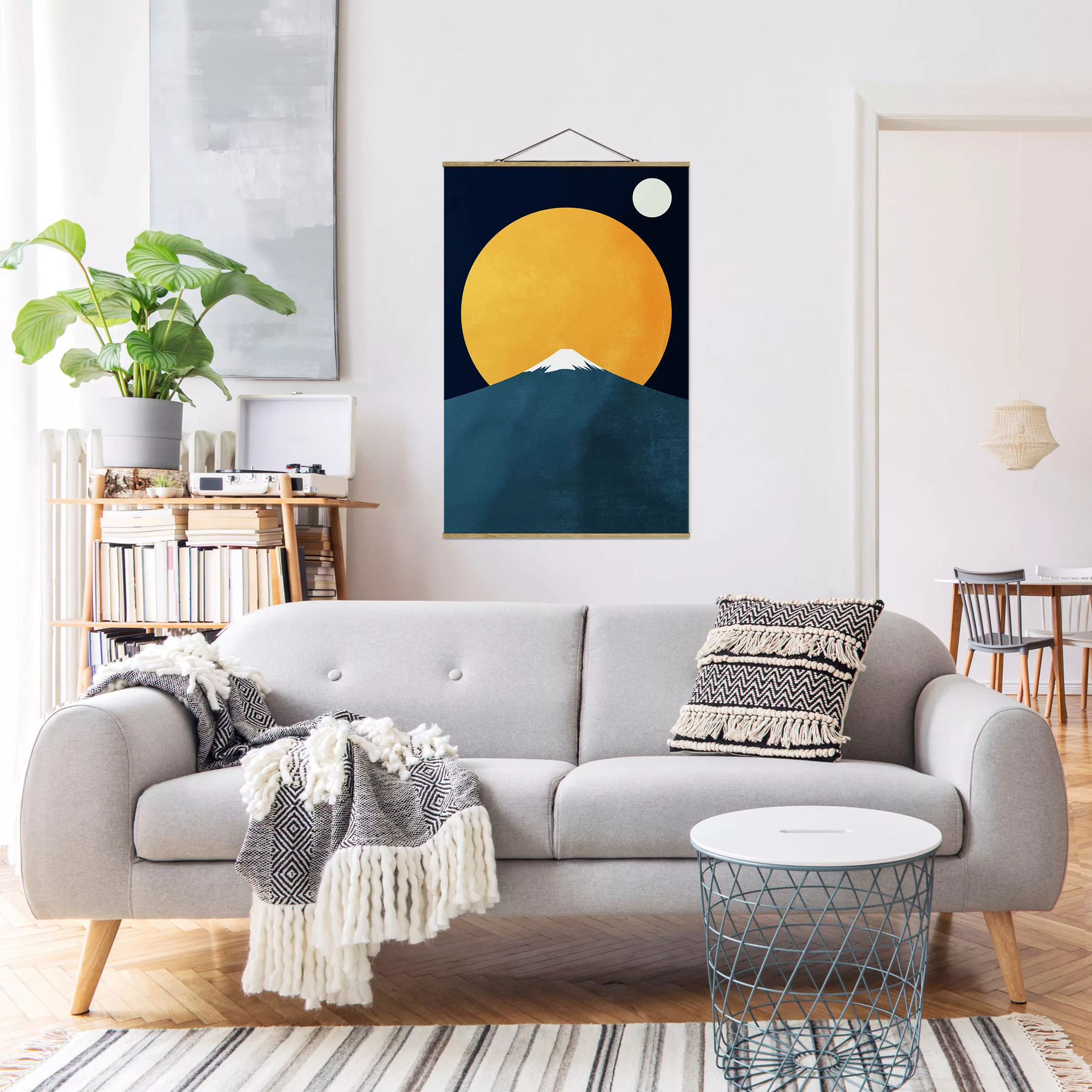 Stoffbild mit Posterleisten Sonne, Mond und Berge günstig online kaufen