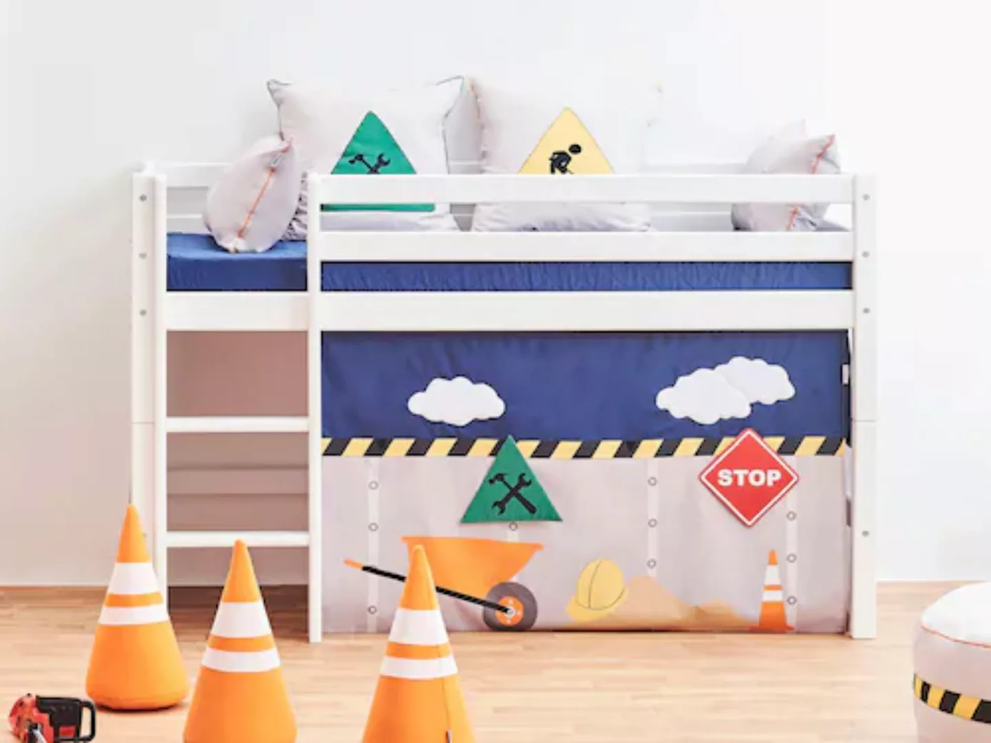 Hoppekids Hochbett «Construction» mit Baustellen-Vorhang Matratze 2 Größen günstig online kaufen