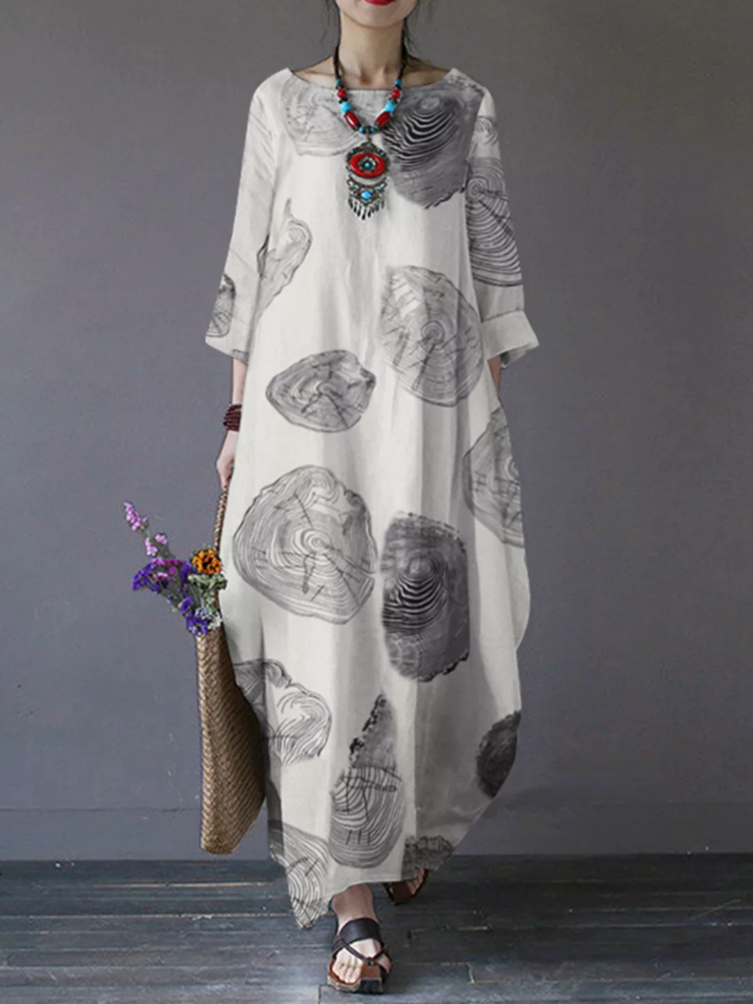 Bedruckte Seitentaschen O-Ausschnitt Baumwolle mit 3/4 Ärmeln Kleid günstig online kaufen