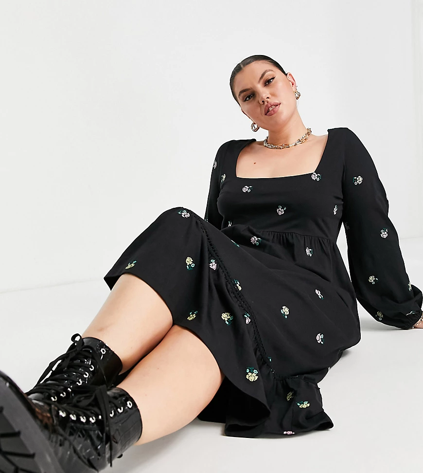 ASOS DESIGN Curve – Mini-Hängerkleid in Schwarz mit eckigem Ausschnitt und günstig online kaufen