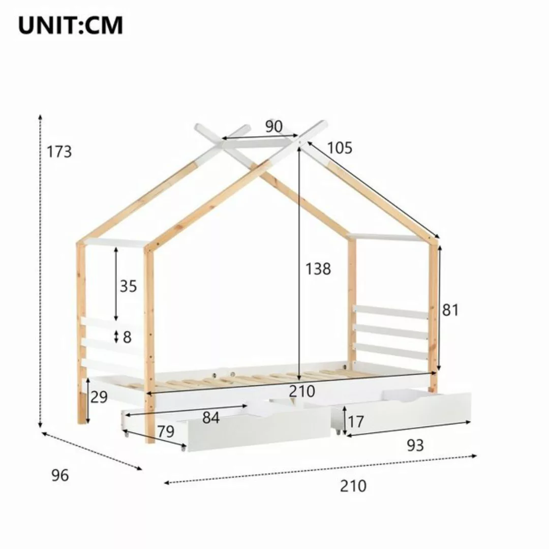 SOFTWEARY Kinderbett (Hausbett mit 2 Schubladen und Rollrost, 90x200 cm), H günstig online kaufen