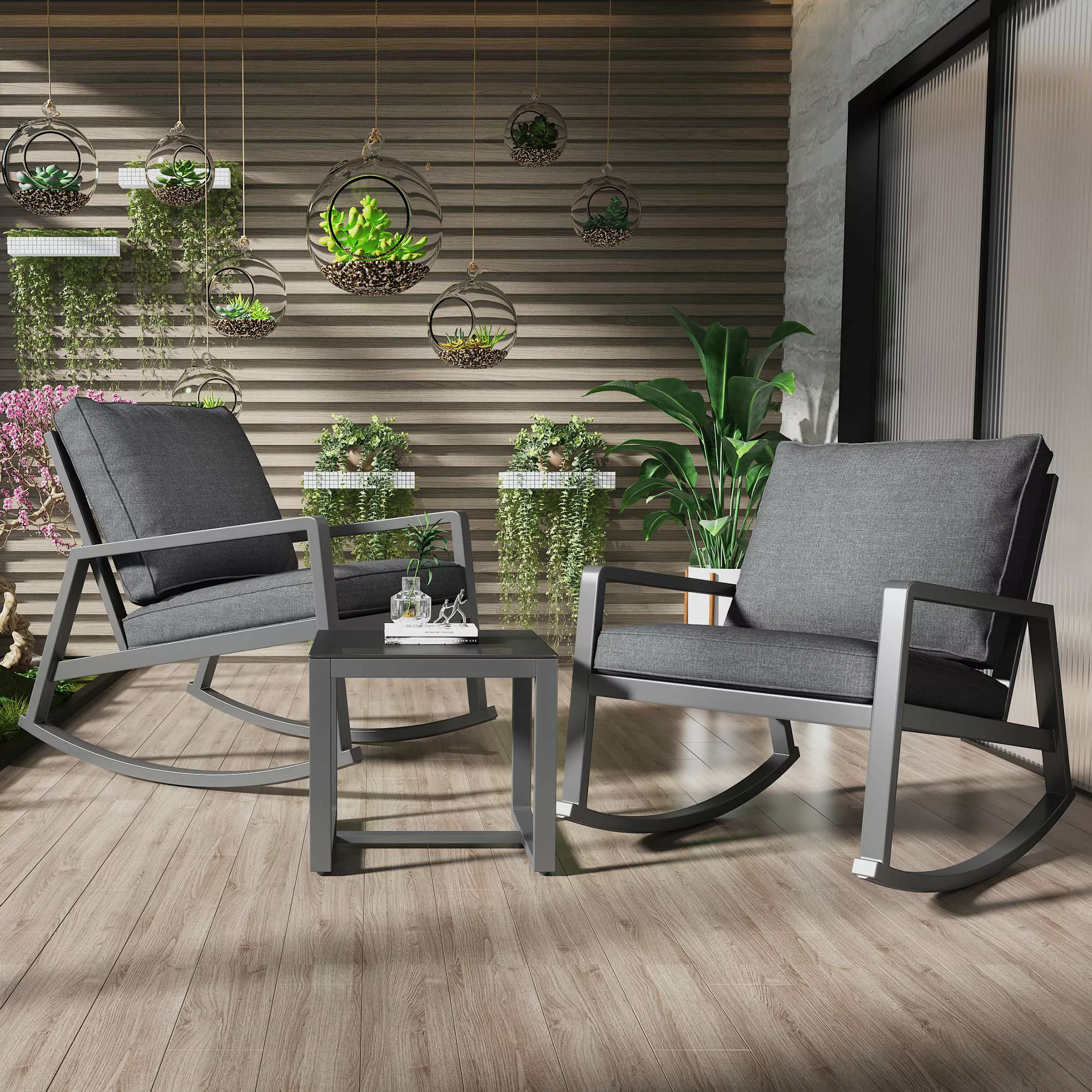 Gartenlounge-Set 3-teilig, mit 2 Schaukelstühlen und 1 Tisch aus gehärtetem günstig online kaufen