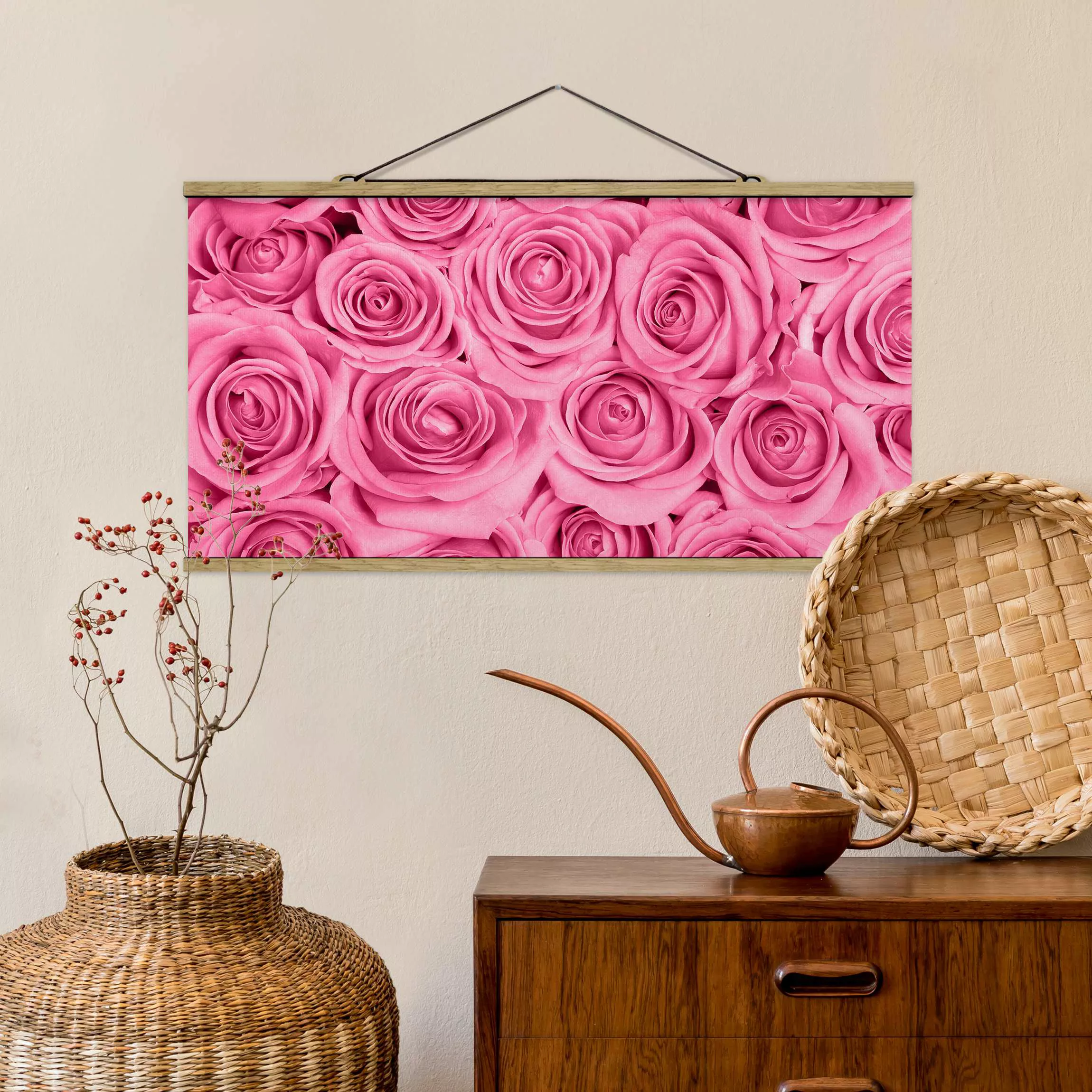 Stoffbild Blumen mit Posterleisten - Querformat Rosa Rosen günstig online kaufen